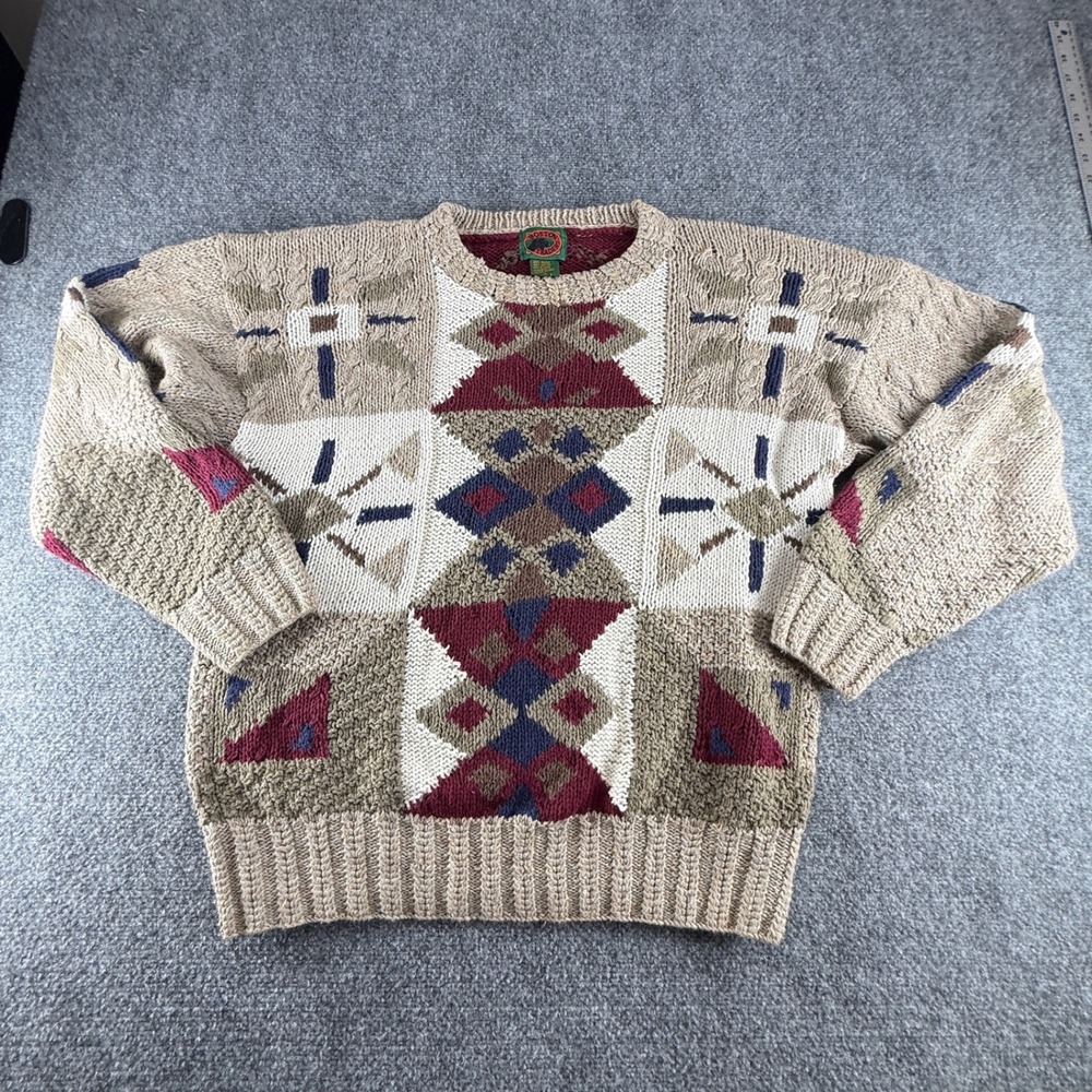 Boston Traders Mens Large Geometric Intarsia Cable Knit Sweater Ramie Cotton Tan